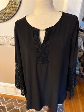 XL like new no tags not worn Black Lace Trim Keyhole Blouse open work sleeves